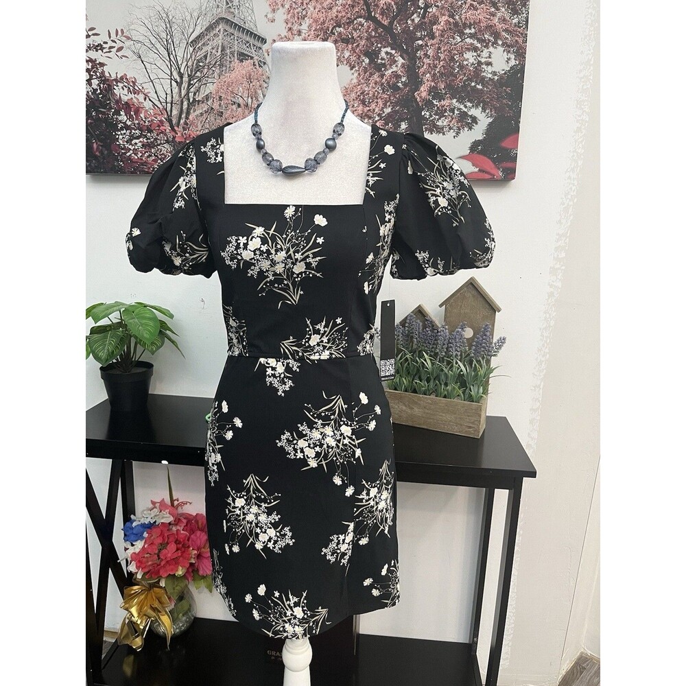NWT Trixxi Black Floral Puff Sleeve Mini Dress Square Neck Women's Size S New